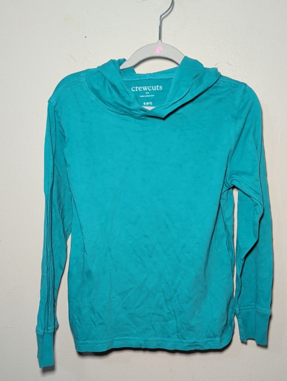 Crewcuts Hooded T-shirt Teal Blue Long Sleeve 100% Cotton Comfy Boys Size S 6-7